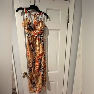 Alyn Paige Maxi Dress, animal print, halter top, lined cups - Small - orange/tan